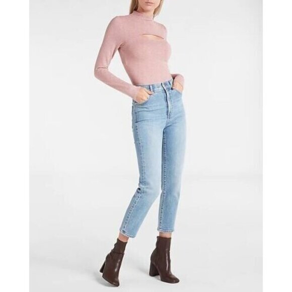 NEW $64 Express Body Contour Womens XL Pink Mock Neck Cutout Bodysuit Top - Picture 3 of 9